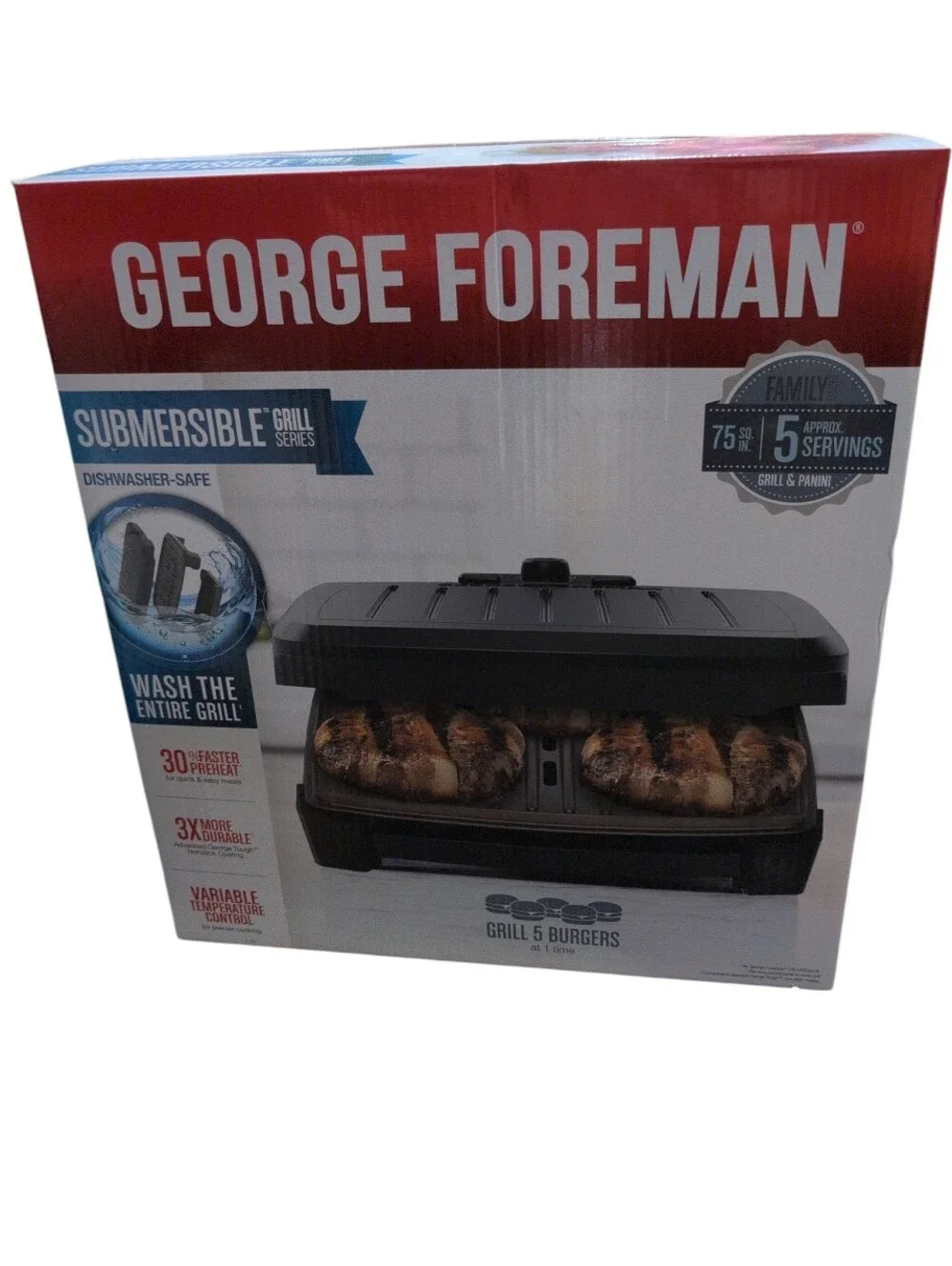 NIB George Foreman Submersible Grill Black Dishwasher Safe 5 Serving Non Stick